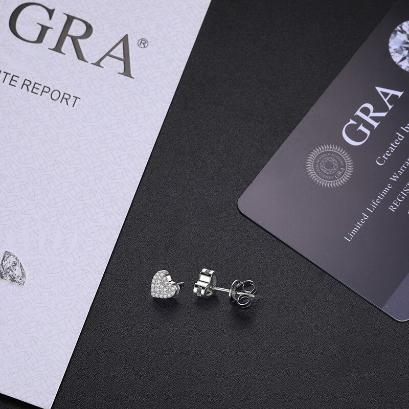 Ladies Genuine VVS Diamond Heart Prong Set Solid 925 Silver Bling Bling Earrings