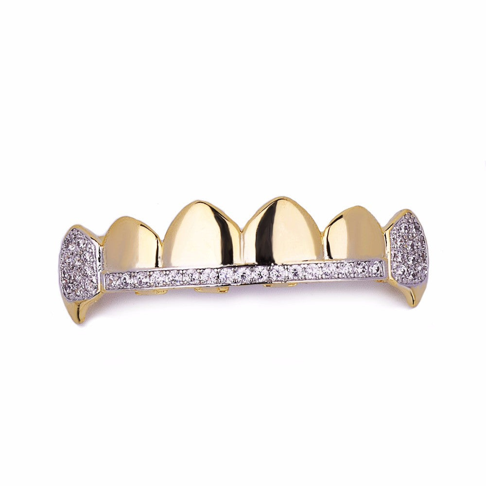 14k Gold Hip Hop Teeth Tooth Iced Out Micro Pave Fang Mouth Grillz Top and Bottom