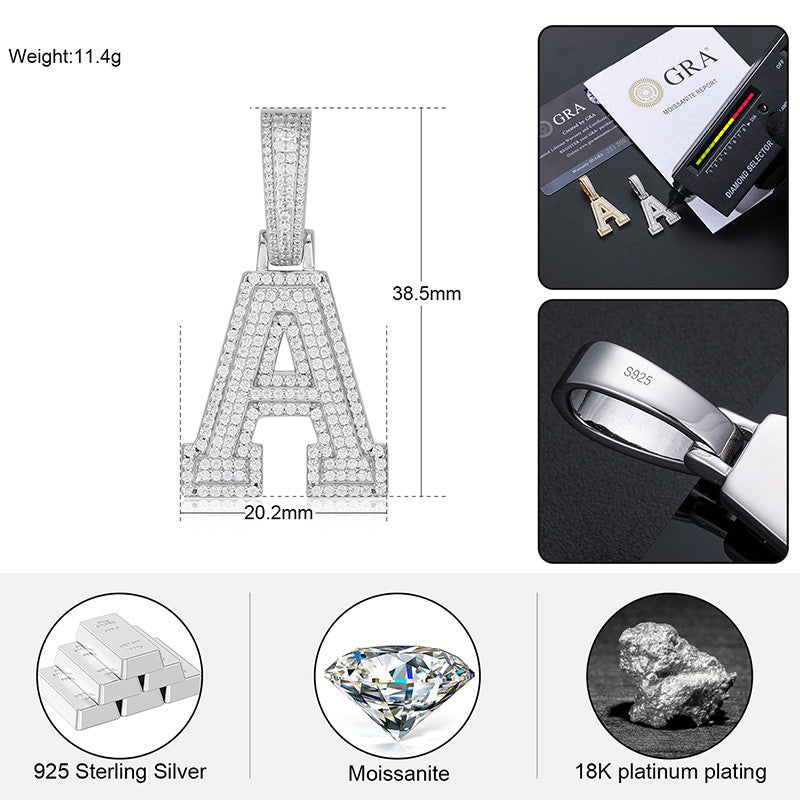 New Moissanite Diamond Initial Letter Iced Blinged Out Sterling Silver Pendants