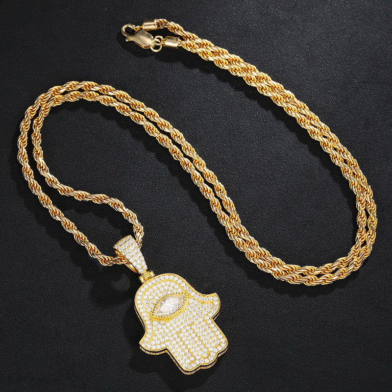 Hamsa Eye | VVS Moissanite Diamond Sterling Silver Hamsa Hand Of Protection Iced Pendant