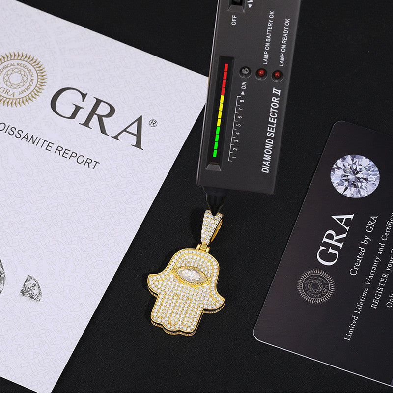 Mens Moissanite Diamond 925 Sterling Silver Hamsa Hand Eye Of Protection Iced Pendant