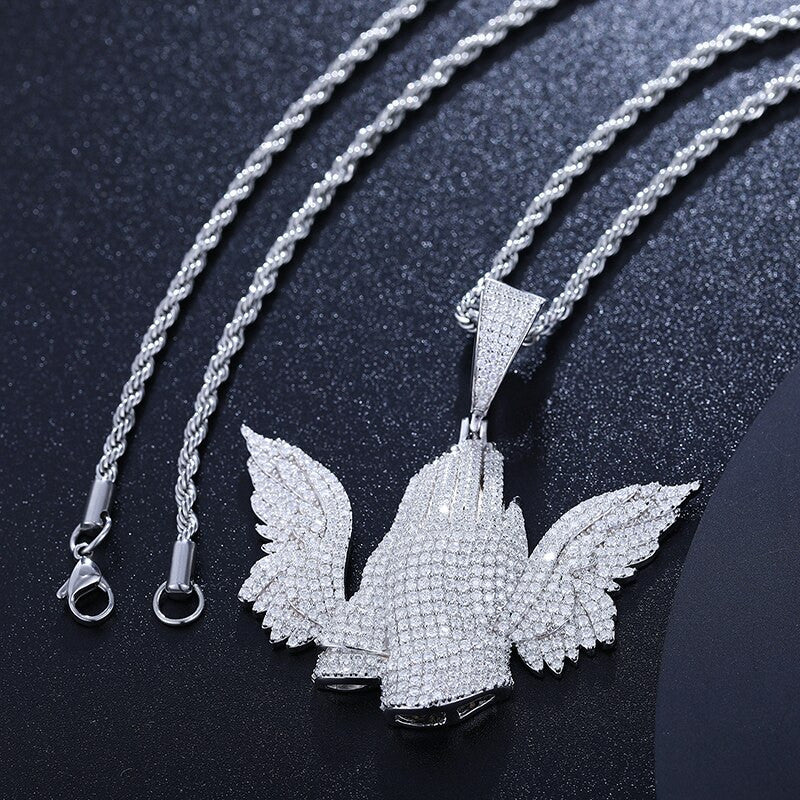 VVS Diamond The Wings Of Prayer Hands Hip Hop 925 Sterling Silver Hip Hop Chain Necklace