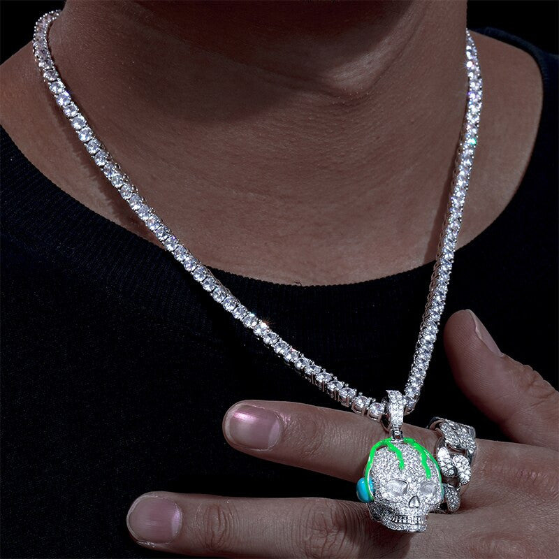 Glowing Genuine VVS Lab Diamond Music On My Mind Hip Hop Chain Skull Head Phones Pendant