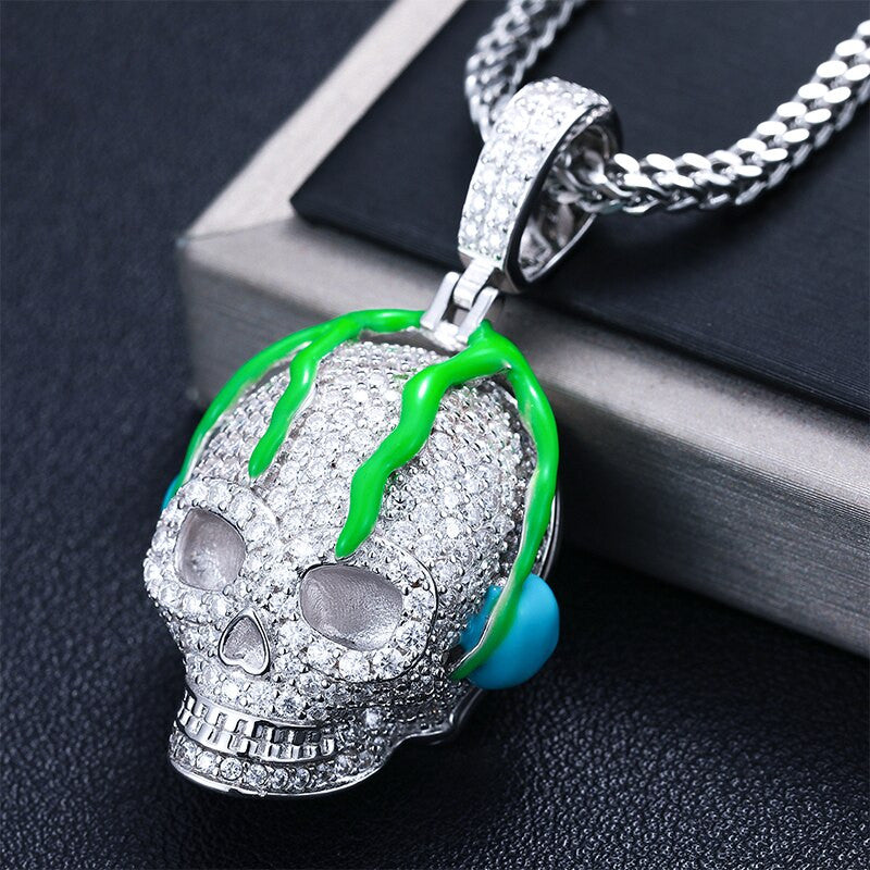 Glowing Genuine VVS Lab Diamond Music On My Mind Hip Hop Chain Skull Head Phones Pendant