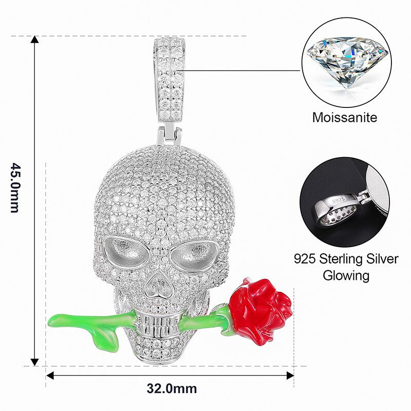 Original Design Genuine VVS Diamond Glowing Skull Biting Rose Hip Hop Pendant Chain Necklace