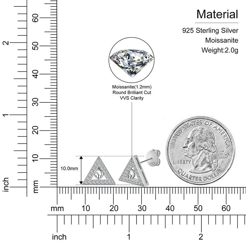 Solid 925 Sterling Silver Ancient Triangle Symbol Bling Hip Hop Real VVS Diamond Earrings