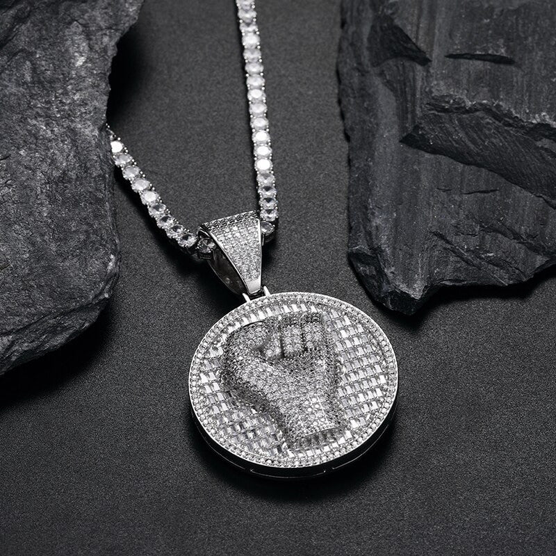 Mens Fully Iced Blinged Out 3D Power Fist Micro Pave Hip Hop Pendant