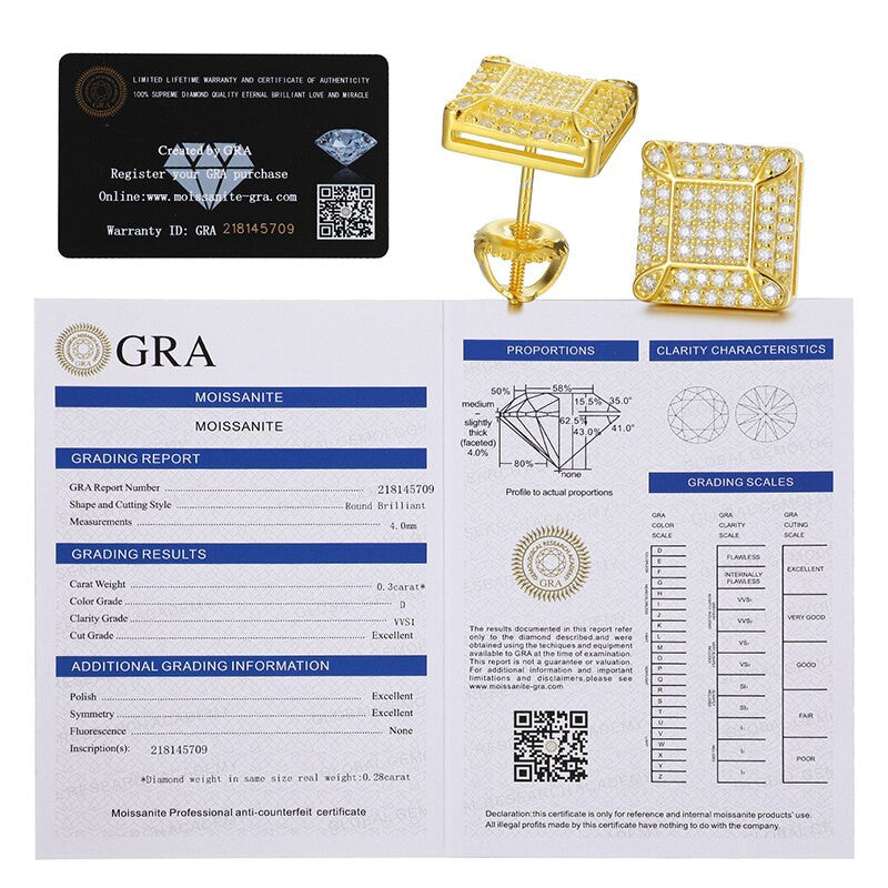 Mens Ultra Iced Genuine VVS Diamond Solid 925 Silver Square Block Hip Hop Earrngs