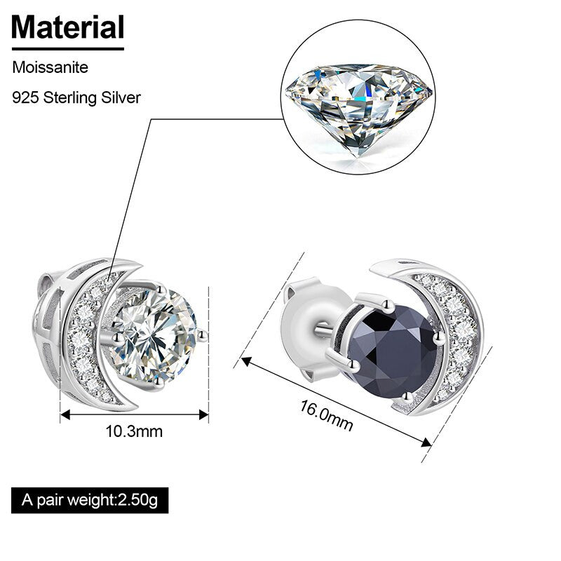 Genuine VVS Diamond Solid Sterling Silver Crescent Moon Stud Black White Bling Stone Earrings