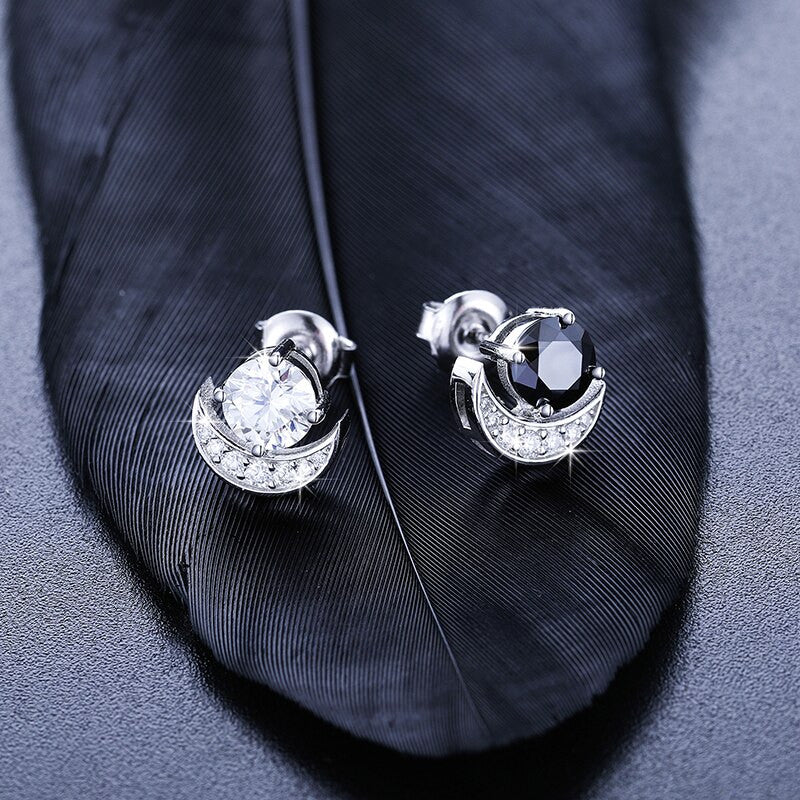 Genuine VVS Diamond Solid Sterling Silver Crescent Moon Stud Black White Bling Stone Earrings