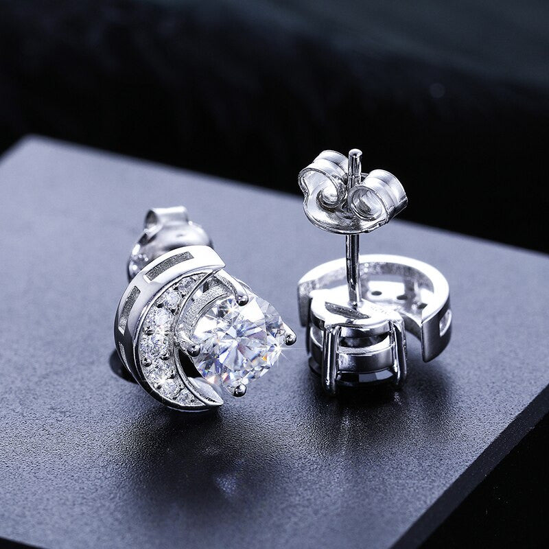 Genuine VVS Diamond Solid Sterling Silver Crescent Moon Stud Black White Bling Stone Earrings