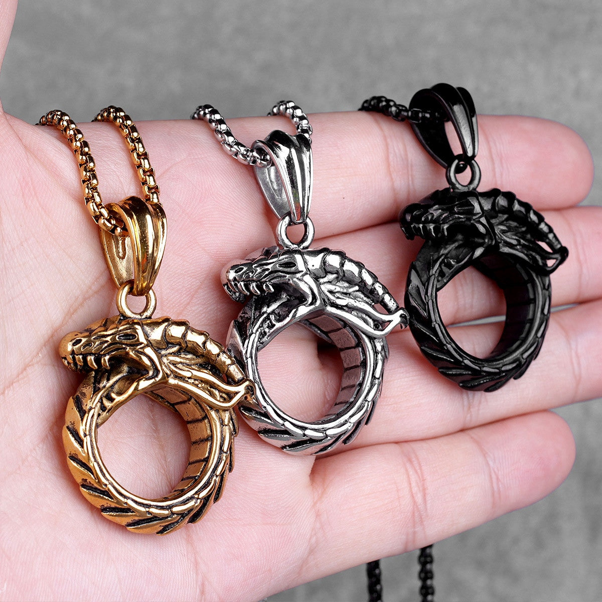 Mens Silver 14k Gold Black No Fade Stainless Steel Ouroboros Snake Serpent Pendant Chain