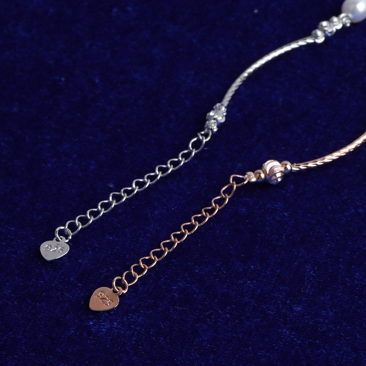 Ladies Street Wear High Fashion .925 Sterling Silver Rose Gold Designer Cut Pearl Bracelets