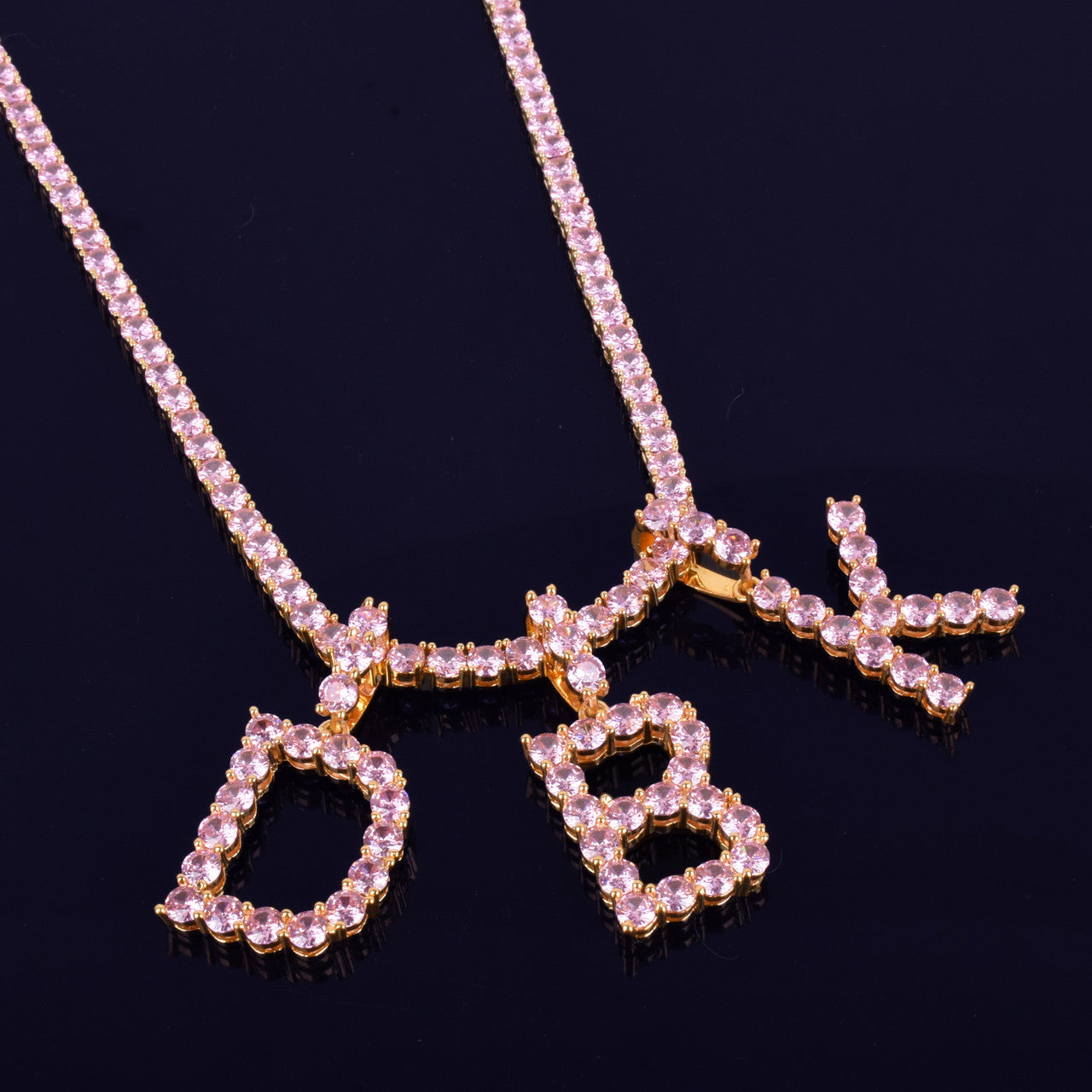 Pink Diamond Simulate 18k Gold 925 Silver Tennis Letters Chain Hip Hop Pendant
