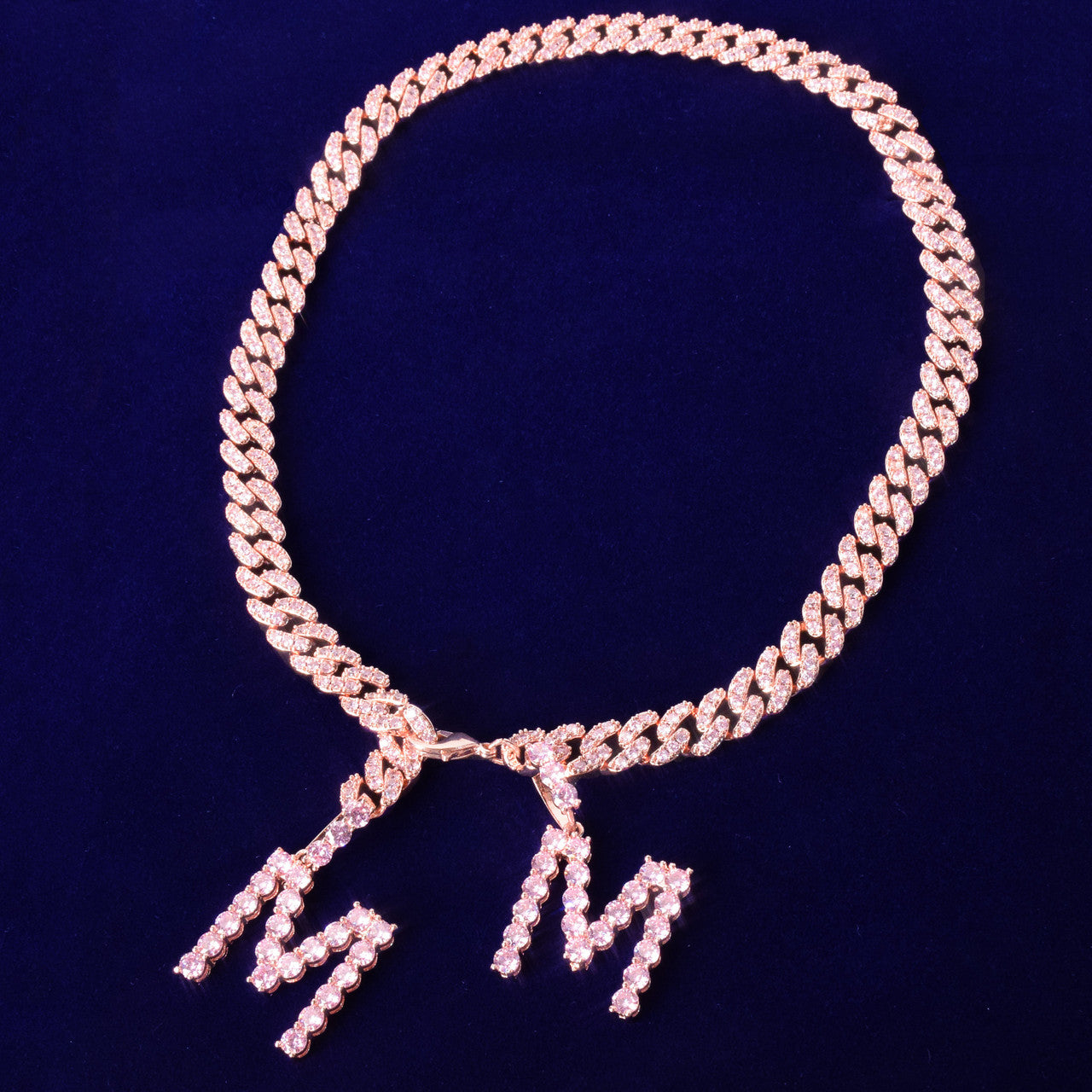 Pink AAA Diamond Simulate Tennis Letters 10MM Cuban Link Necklace Chain Pendants