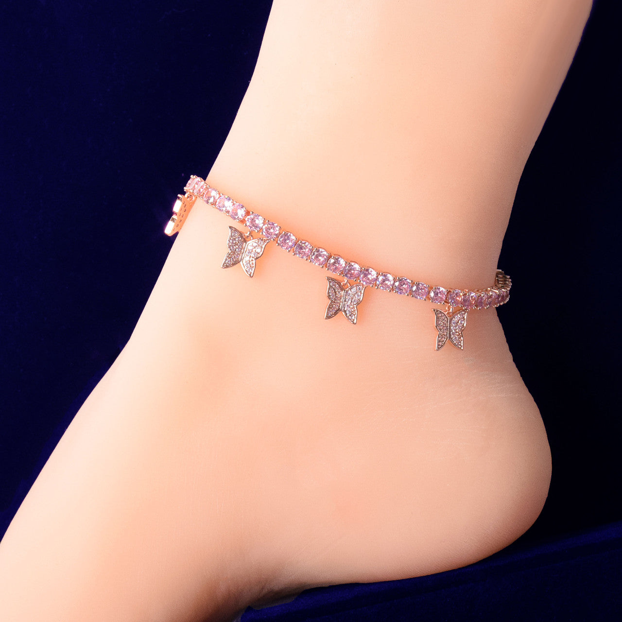 Ladies Tennis Chain Pink Butterfly Simulate Diamond 4mm Anklet Ankle Bracelet