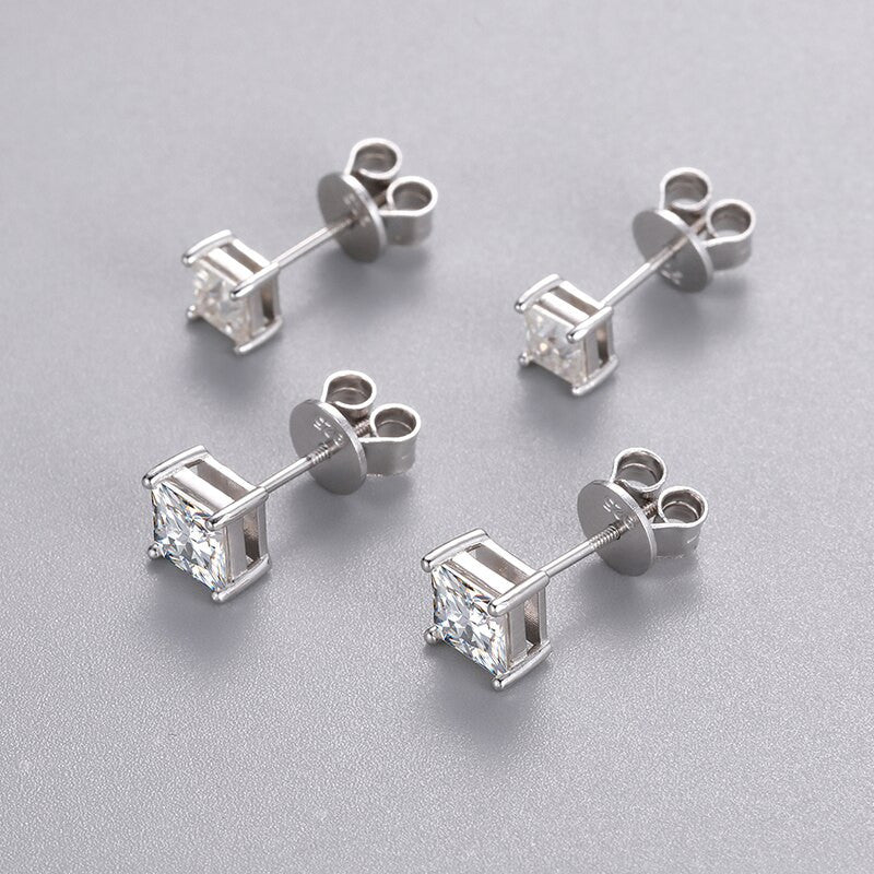 1CT 925 Solid Sterling Silver VVS Diamond Princess Cut Prong Set Stud Earrings