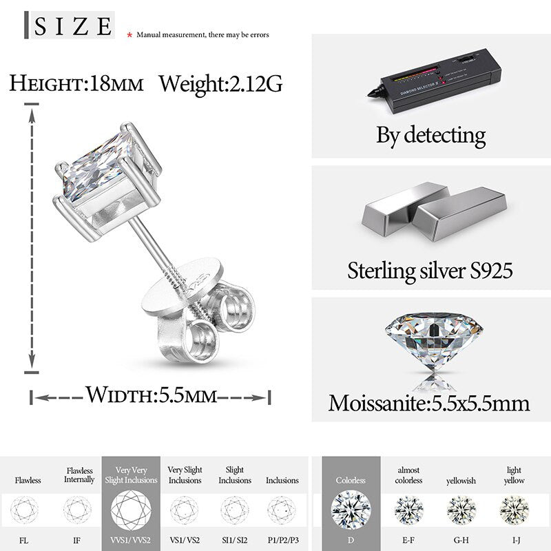 Solid Sterling Silver VVS Diamond Princess Cut 1ct Prong Set Stud Earrings