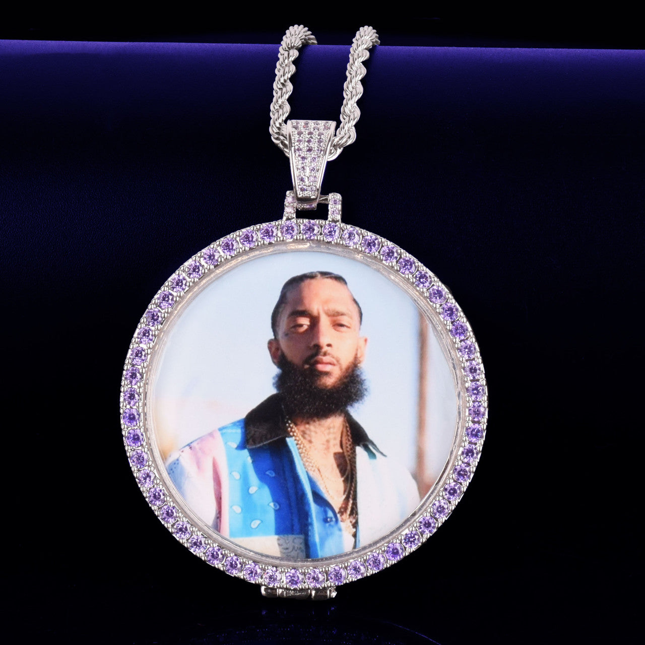 18k Gold .925 Silver Flooded Ice Swerve Purple Ice Custom Made Photo Hip Hop Pendant Chain Necklace