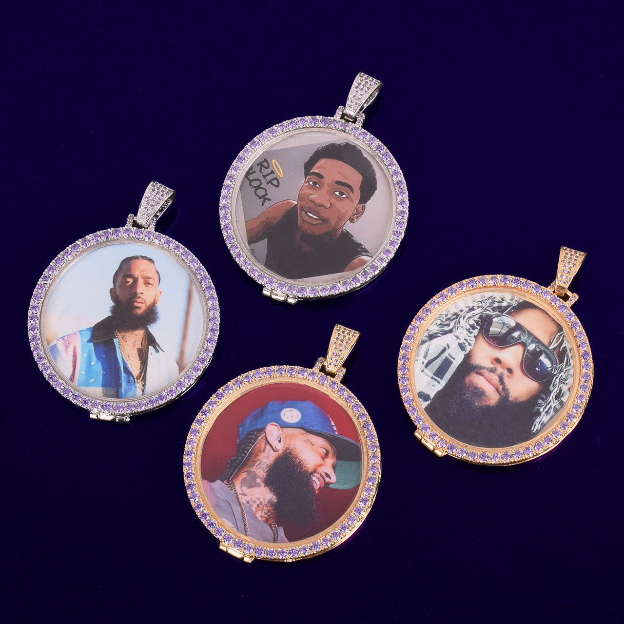 18k Gold .925 Silver Flooded Ice Swerve Purple Ice Custom Made Photo Hip Hop Pendant Chain Necklace