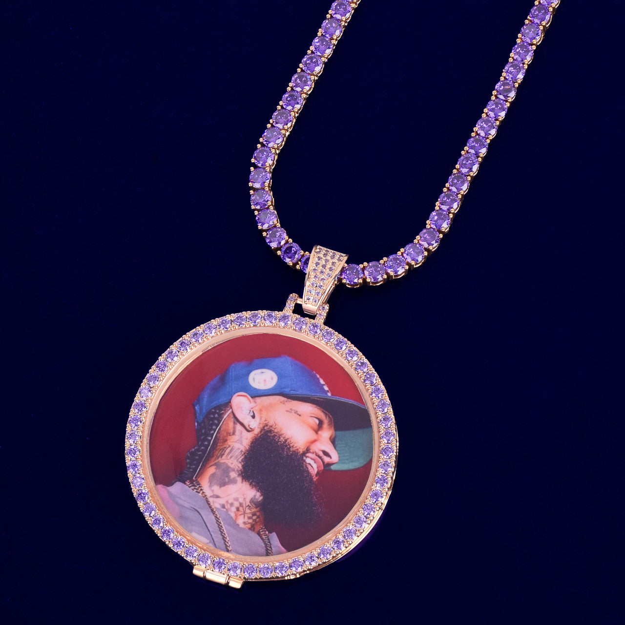 18k Gold .925 Silver Flooded Ice Swerve Purple Ice Custom Made Photo Hip Hop Pendant Chain Necklace