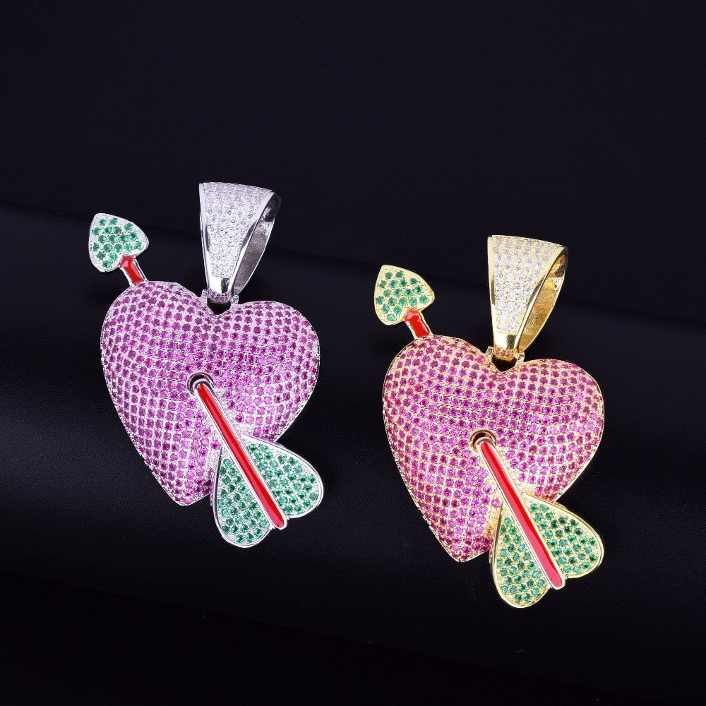 24k Gold 925 Silver AAA Micro Pave Purple Heart Red Arrow Pendant Chain Necklace