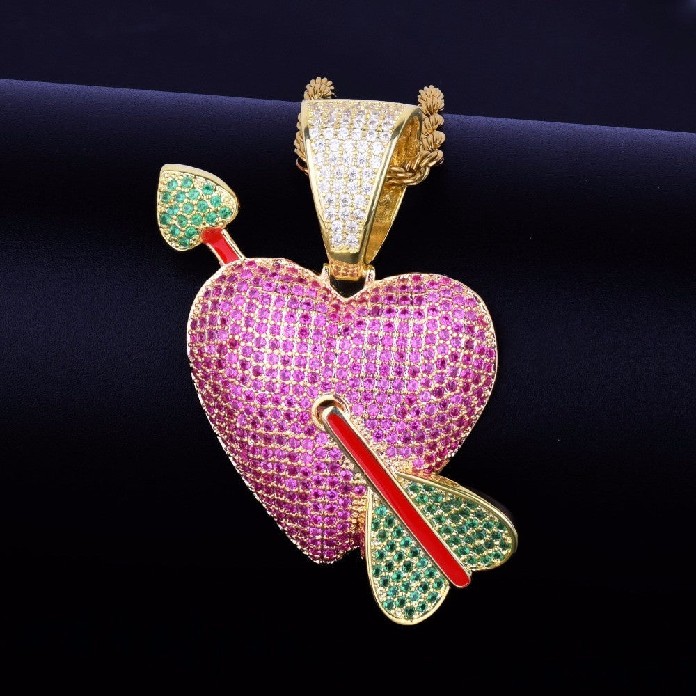 24k Gold 925 Silver AAA Micro Pave Purple Heart Red Arrow Pendant Chain Necklace