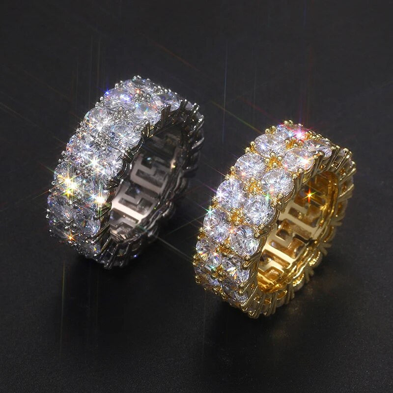 Mens Double Row Solid 925 Sterling Silver VVS Diamond Hip Hop Rings