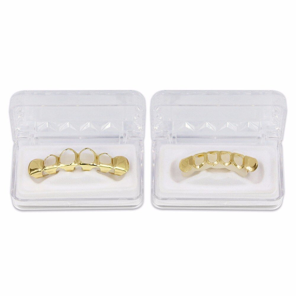 14k Silver Rose Gold Black Hematite Open Face Hip Hop Full mouth Grillz Teeth Gills Set