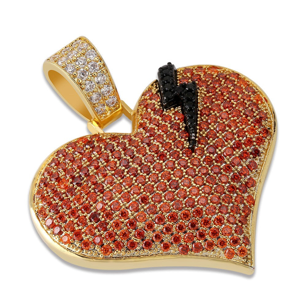 Iced Red Blinged Out 3A Stone 14k Gold Broken Heart Lightning Bold Pendant Chain Necklace
