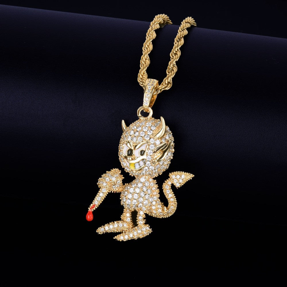 18k Gold .925 Silver Hip Hop Little Demon Devil AAA True Micro Pave Flooded Ice Pendant