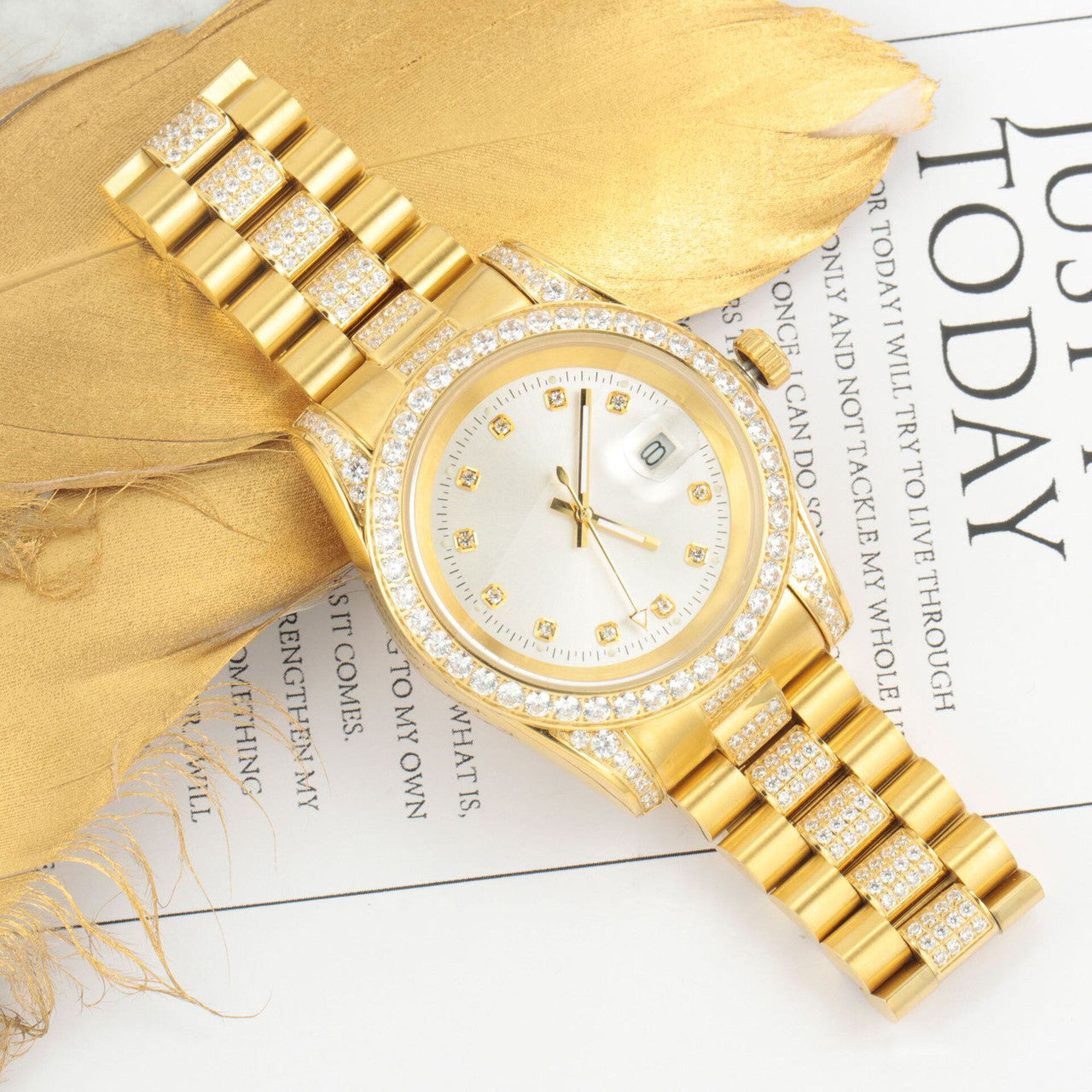 Mens Half Ice Presidential Iced Bezel Gold over Stainless Steel Casual Hip Hop Street Wear Watch