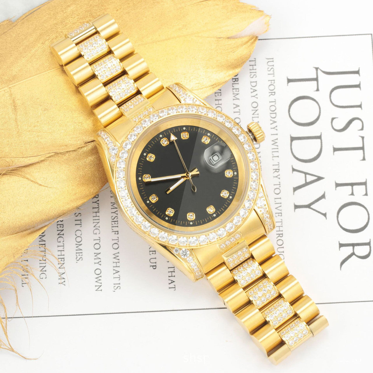 Mens Half Ice Presidential Iced Bezel Gold over Stainless Steel Casual Hip Hop Street Wear Watch