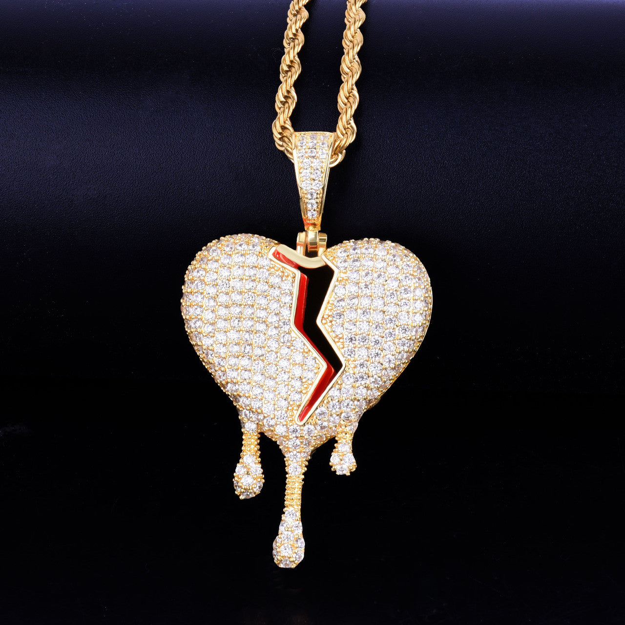 Red Oil Drip 18k Gold .925 Silver Broken Heart AAA True Micro Pave Hip Hop Pendant Chain Necklace