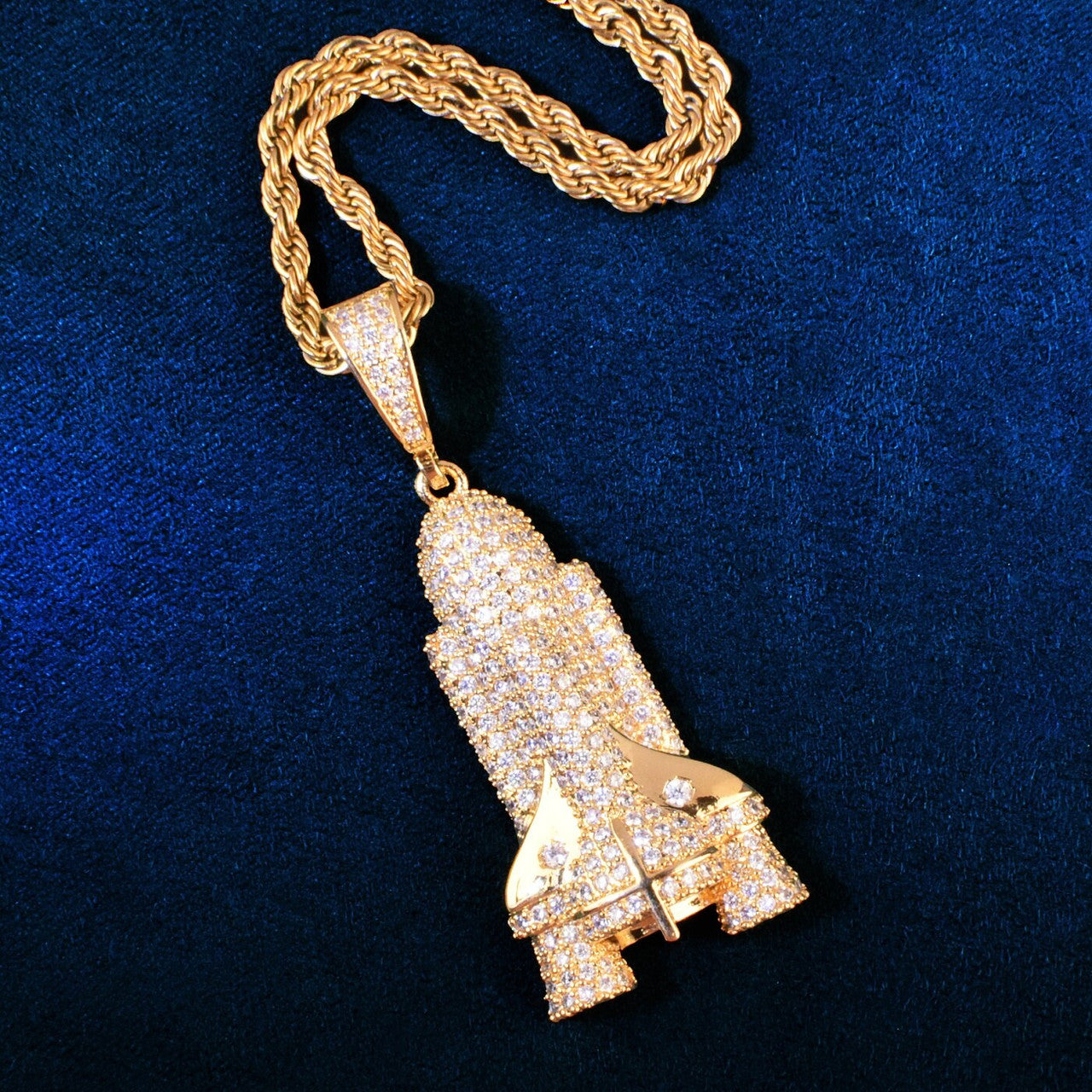 18k Gold 925 Silver Rocket Space Ship Hip Hop Flooded Ice Pendant Chain Necklace