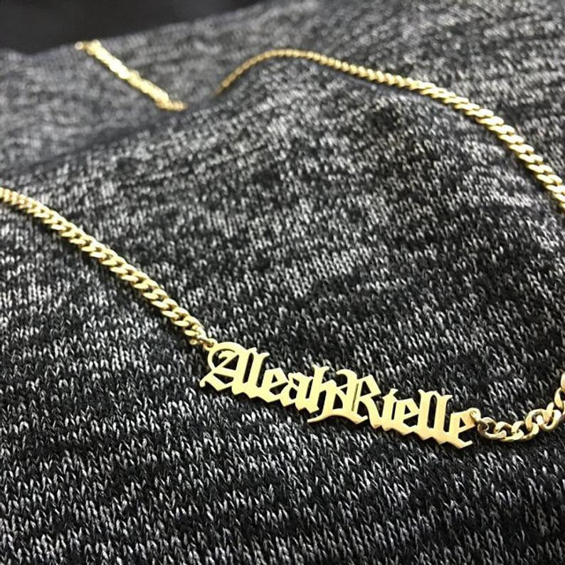 Ladies Rose Platinum 14k Rose Gold Stainless Steel Custom Name Cuban Link Chain Necklace