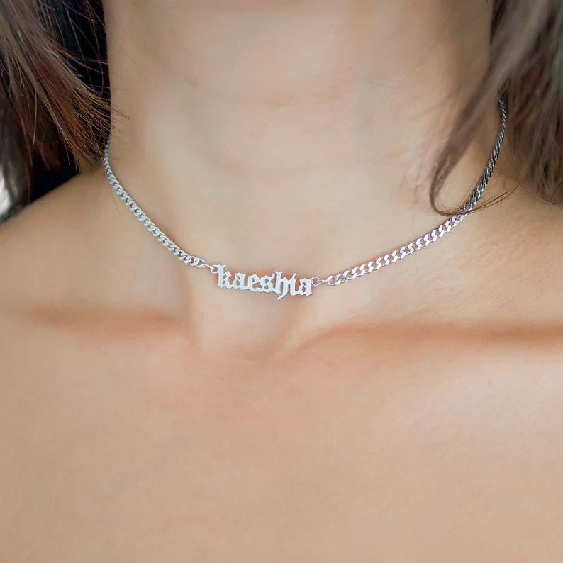 Ladies Rose Platinum 14k Rose Gold Stainless Steel Custom Name Cuban Link Chain Necklace