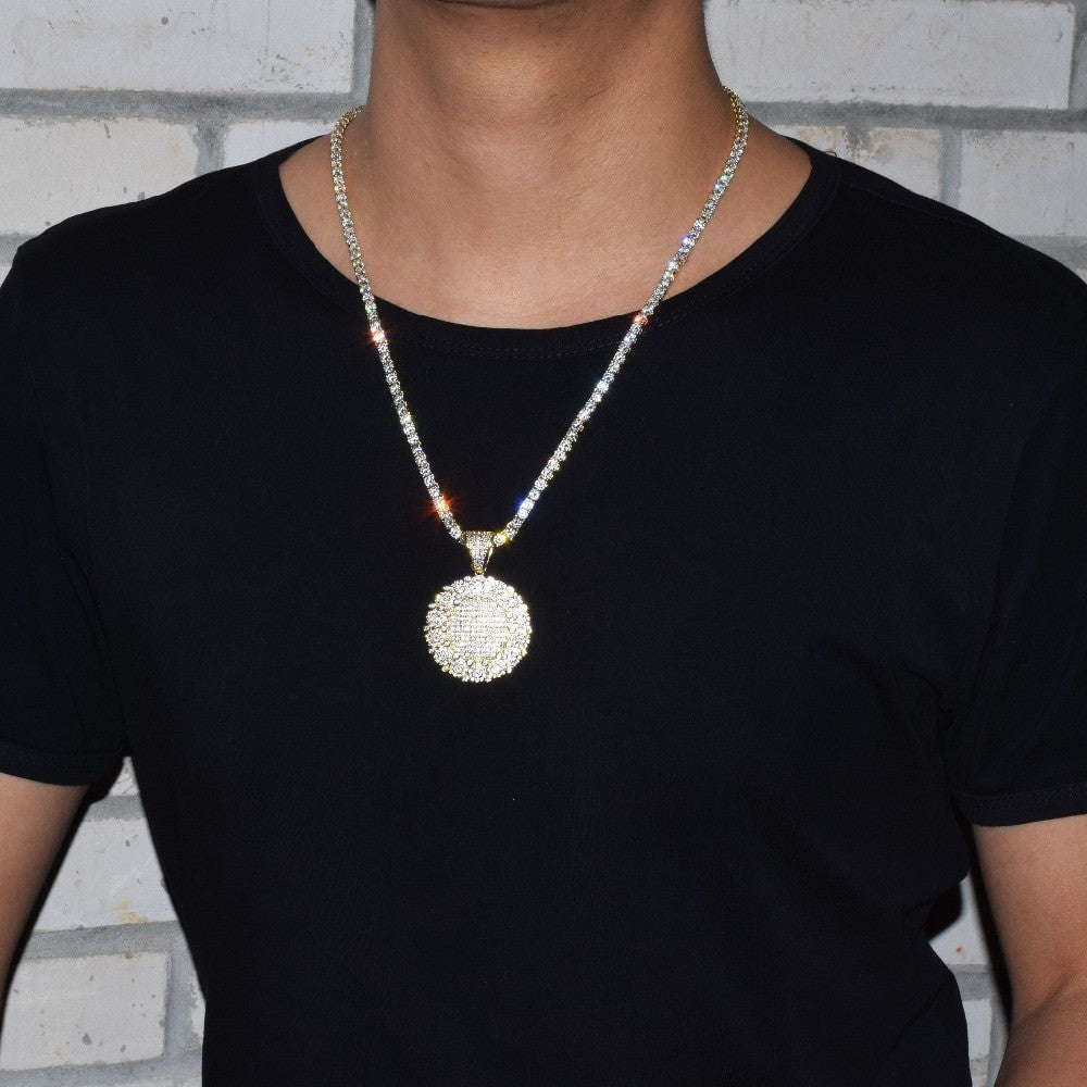 Round Cluster 18k Gold .925 Silver Medallion Pendant AAA Micro Pave Chain Necklace