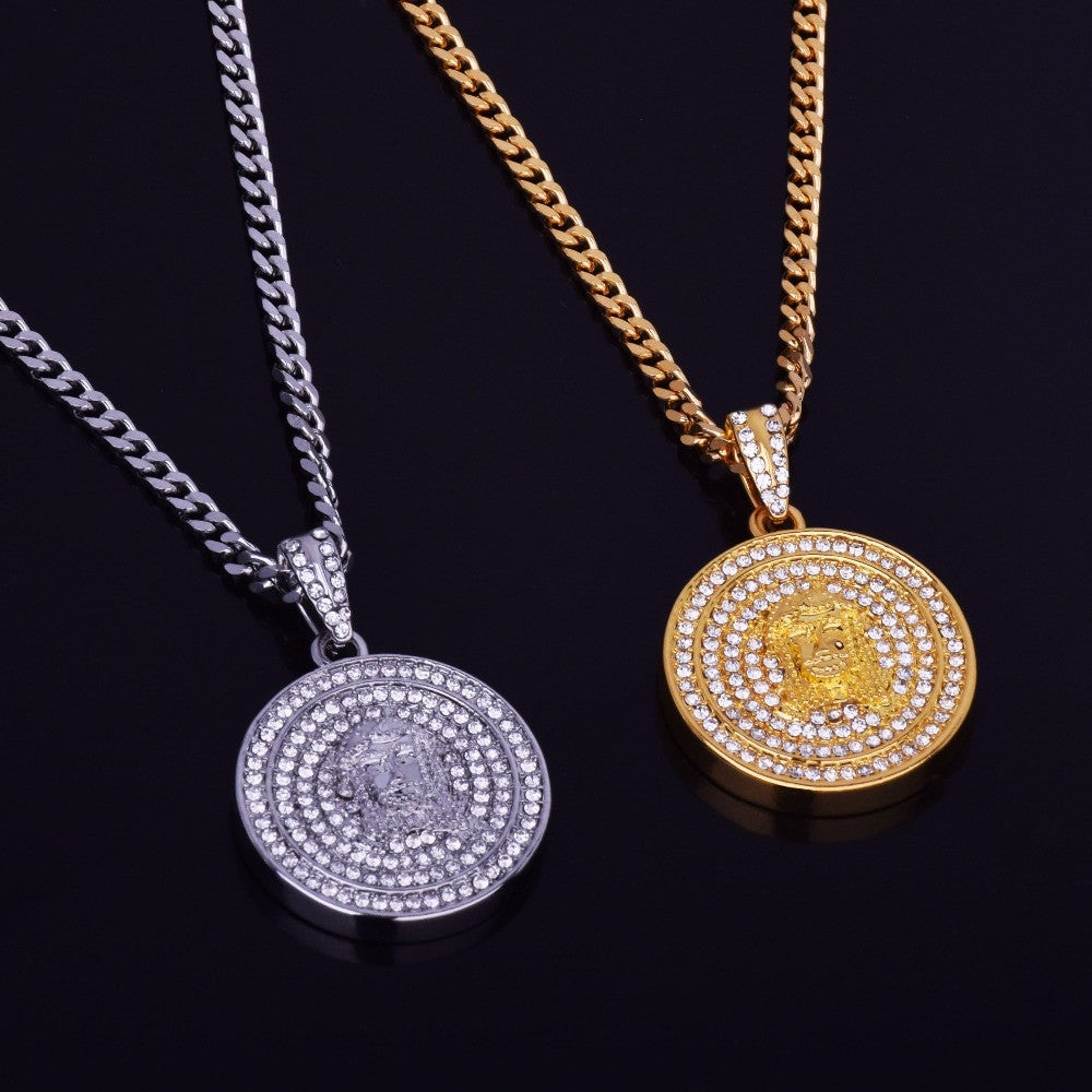 14k Gold .925 Silver Round Medallion Jesus Face AAA Cluster Stone Pendant Chain Neckalce