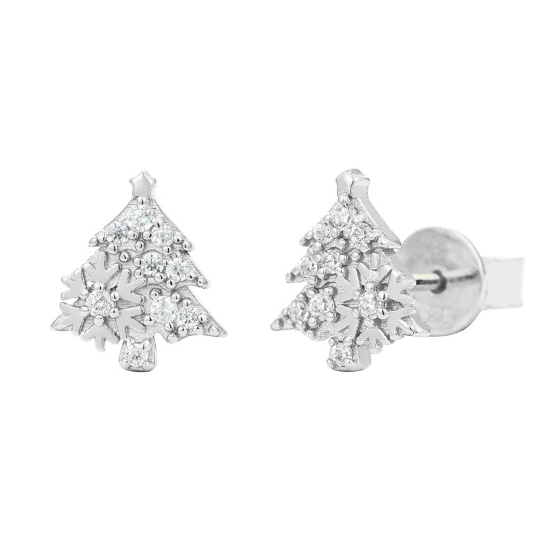 Christmas Tree Snow Flake Festive Holiday Moissanite Diamond Sterling Silver Party Stud Earrings