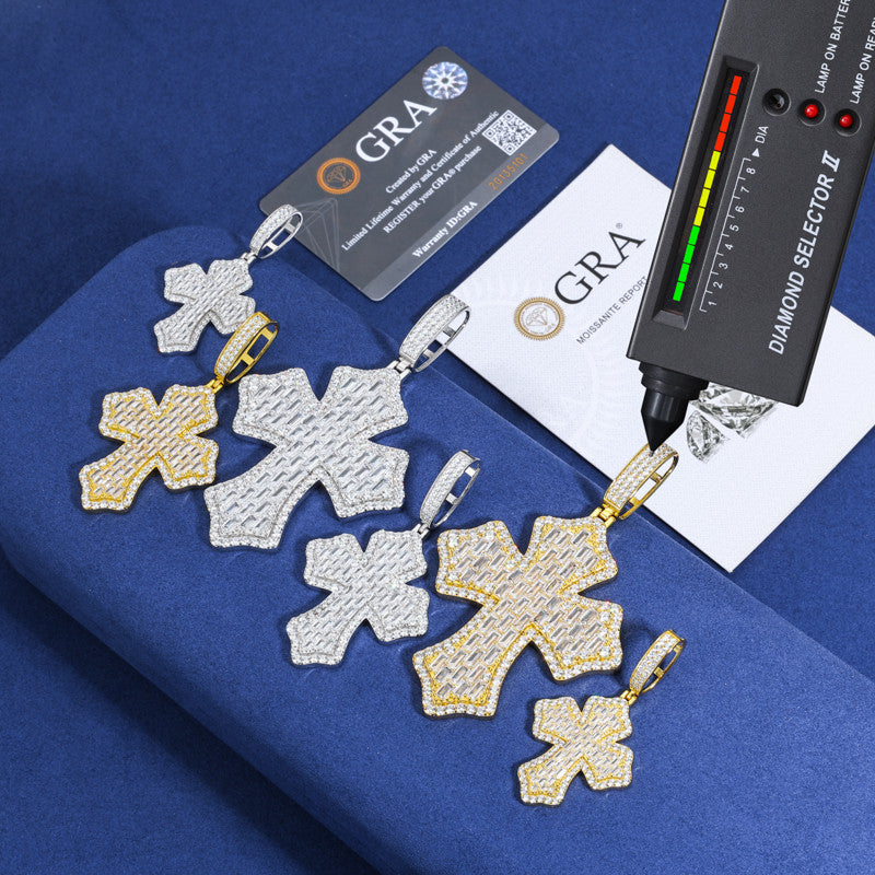 Cross Shield | Solid 925 Sterling Silver Moissanite Diamond Baguette Hip Hop Pendant