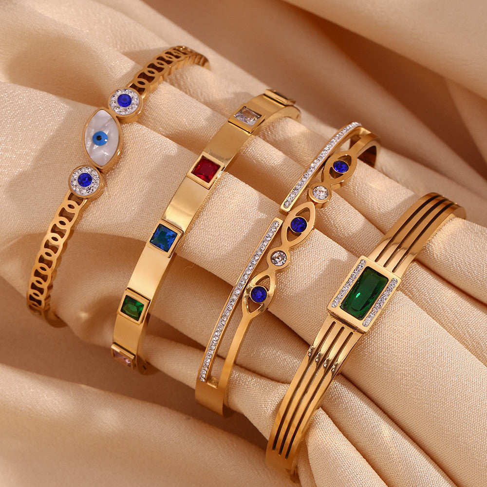 Ladies Waterproof 18k Gold Stainless Steel Shell Demon Eye Blue Eyes Hollow CZ Bracelets