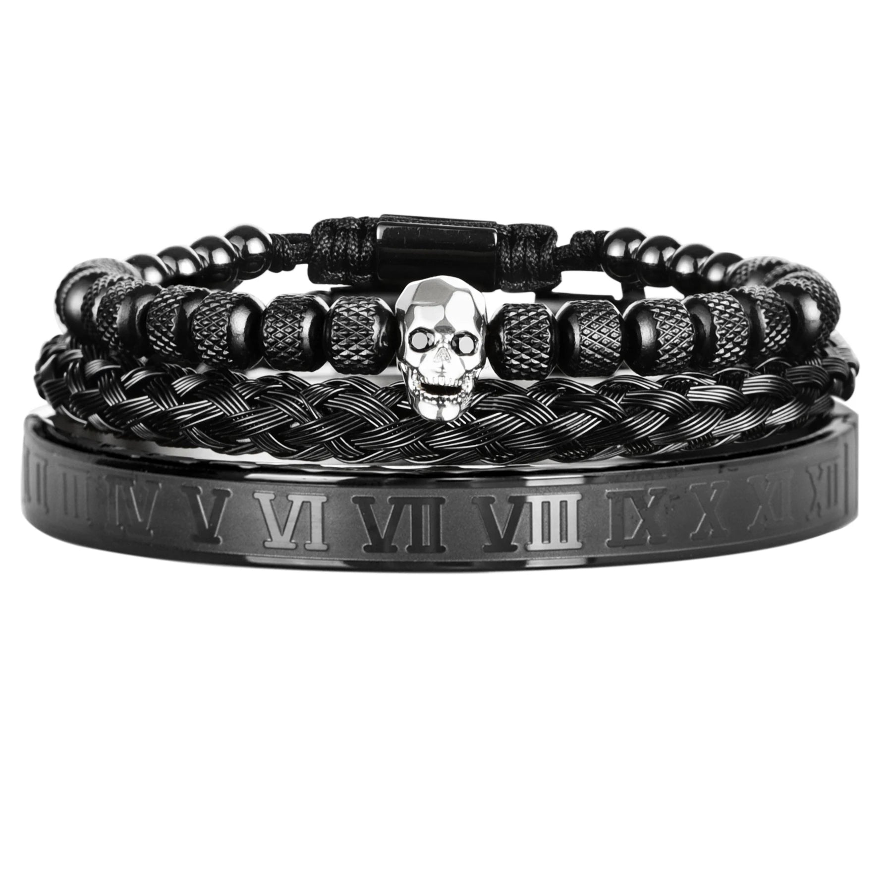Secret Society | Luxury 3 Piece Stainless Steel Skull Roman Numerals Bracelet Set