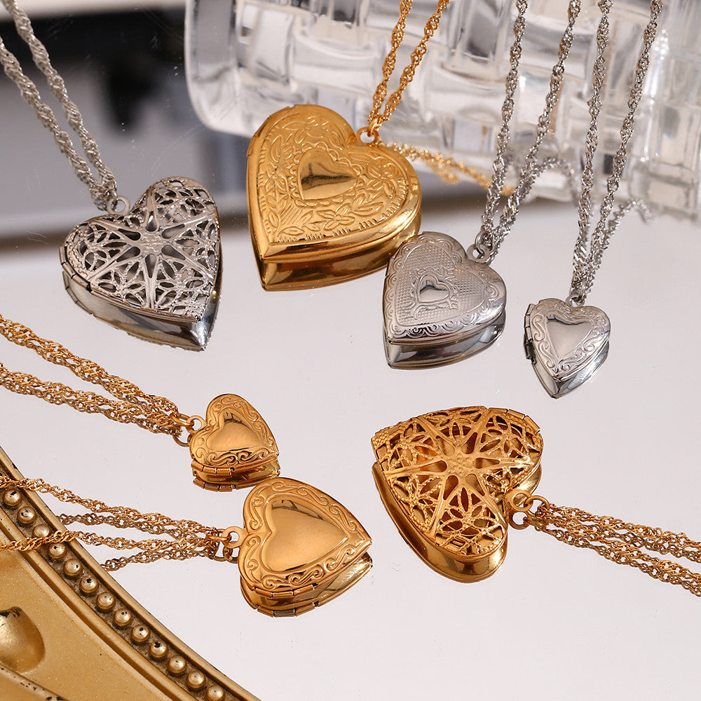 Ladies 18k Gold Waterproof Stainless Steel Flower Pattern Hollow Heart Photo Box Necklace