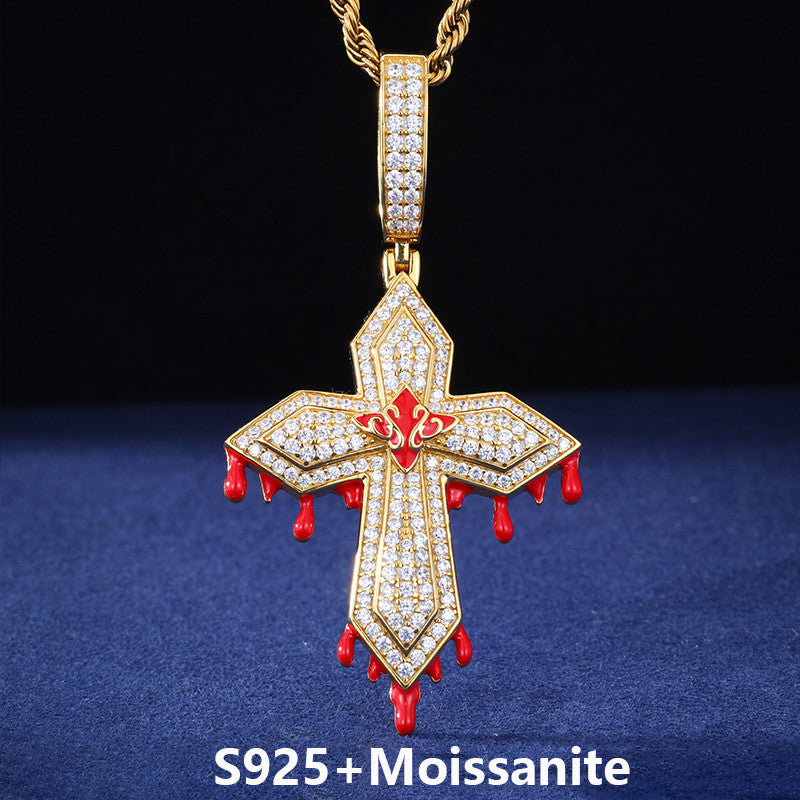 Blood Ties | Solid 925 Sterling Silver Moissanite Diamond Hip Hop Blood Drip Cross Pendant