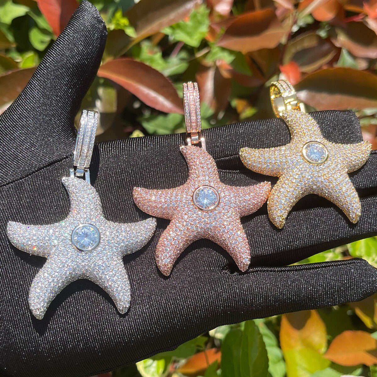 Center Stone Superstar Starfish Flooded Ice Streetwear Hip Hop Pendant Chain Necklaces