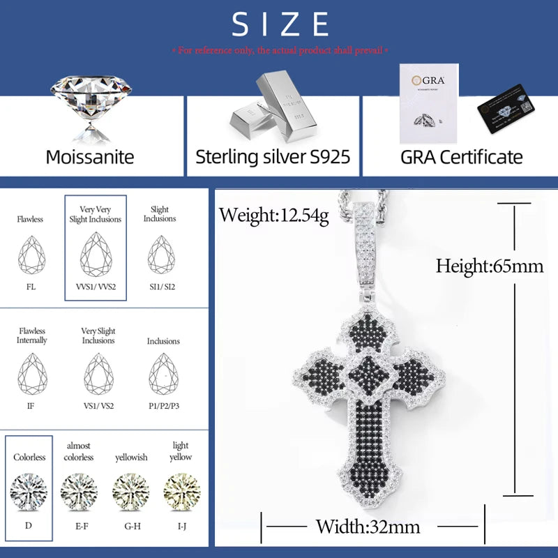 Cross Of Peace | Moissanite Diamond Solid Sterling Silver Black VVS Hip Hop Cross Pendant