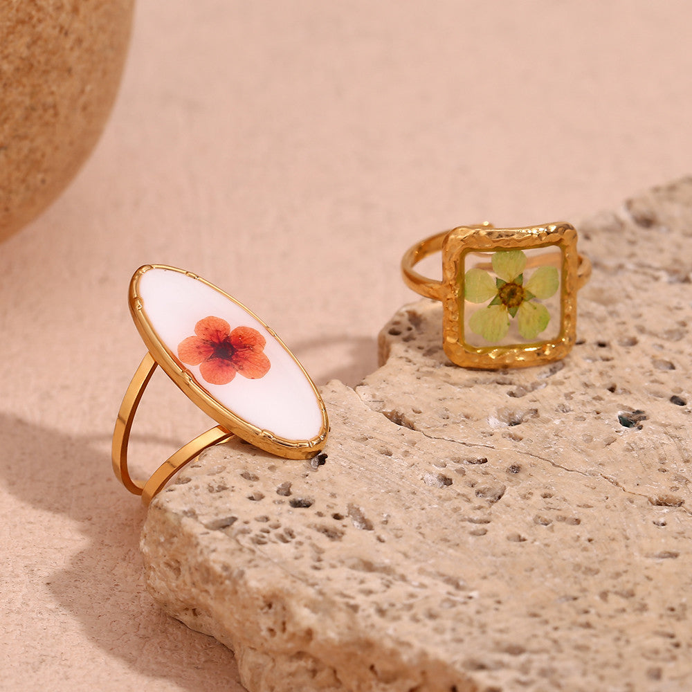 Ladies 18k Gold Stainless Steel Adjustable Waterproof Oval Sweet Flower Ring