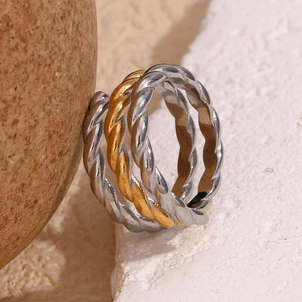 18k Gold Three Layers Twisted Opening Stainless Steel Tarnish Free Bling Ring