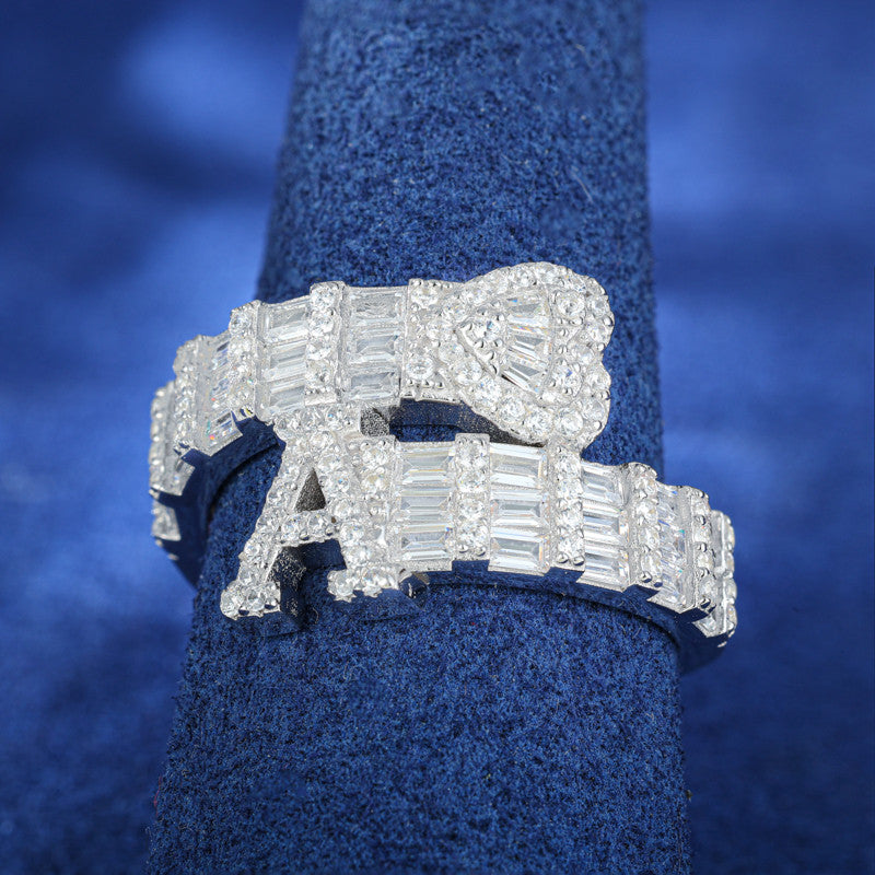 Moissanite Diamond Baguette Custom Initial Letter Heart Sterling Silver Hip Hop Rings